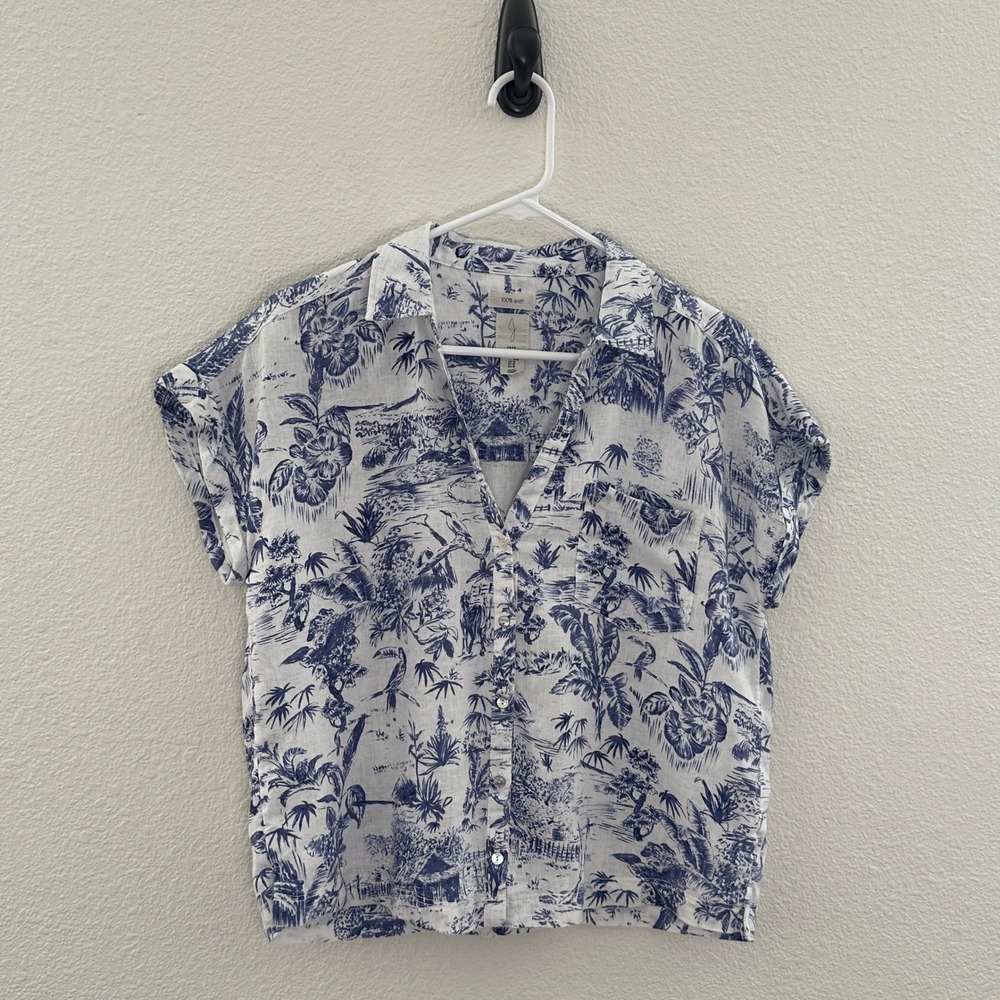 Joie Button Down Shirt Womens Medium Blue White Beachy 100% Linen Short Sleeve